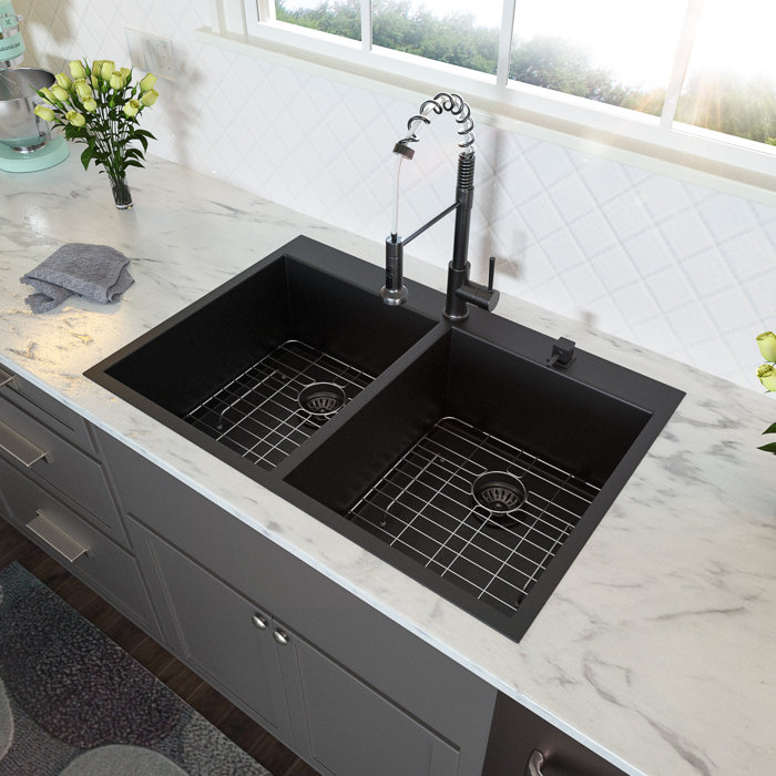 JUNTOSO Gunmetal Matte Black 33" L x 22" W Double Basin DropIn Kitchen Sink With Sink Grid and